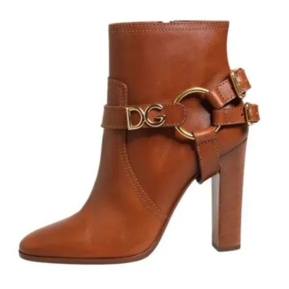 DG BROWN LEATHER BUCKLE ANKLE BOOTS - Picture 3 of 5